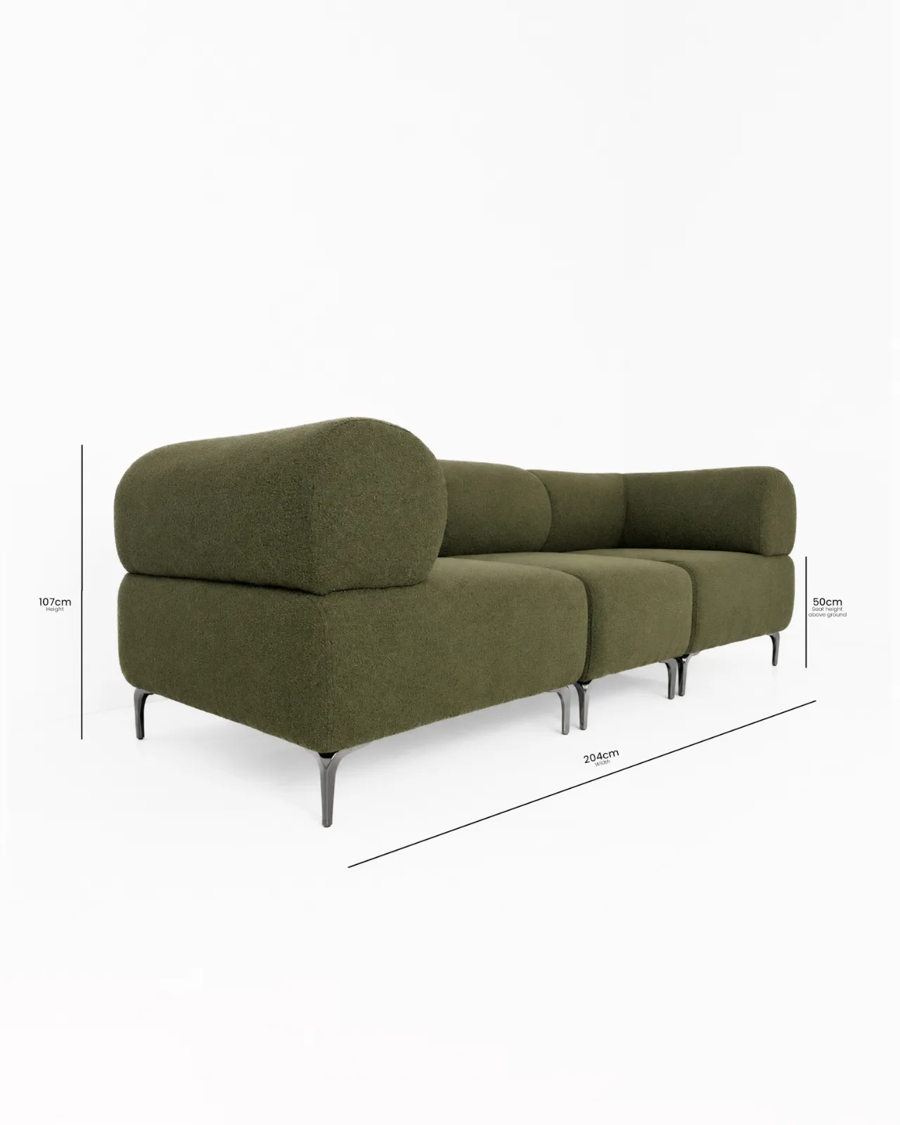 Kore Sectional, Olive Green · W 240 cm | Extension to Puff 167 cm | H 82 cm | Single Seater Width: 78 cm | Seat Height: 50 cm
