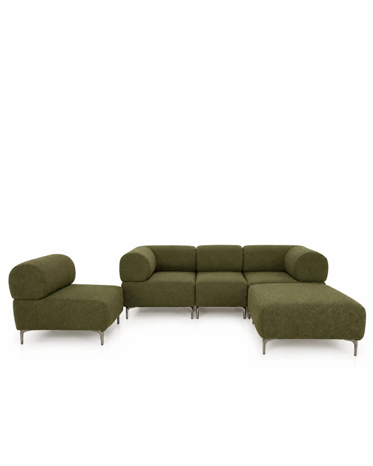 Bouclé sectional sofa with flexible seating and black gloss stand